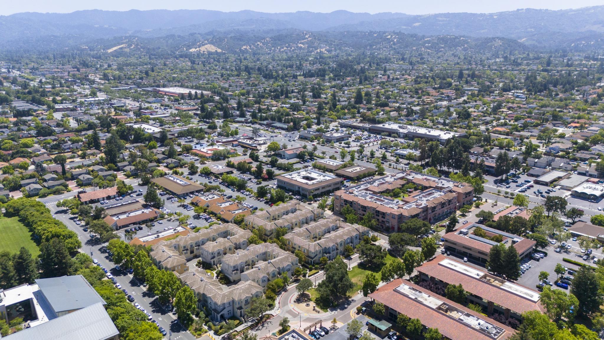 Aerial view of Cupertino landscape near new homes